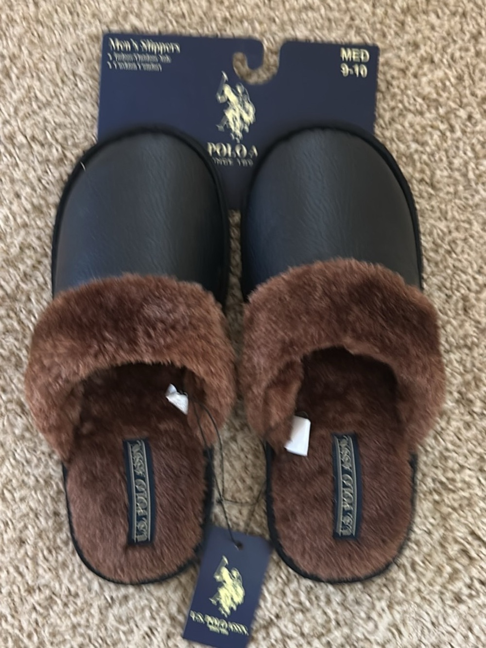 Polo by Ralph Lauren Black Slide Slippers with Brown Faux Fur Lining